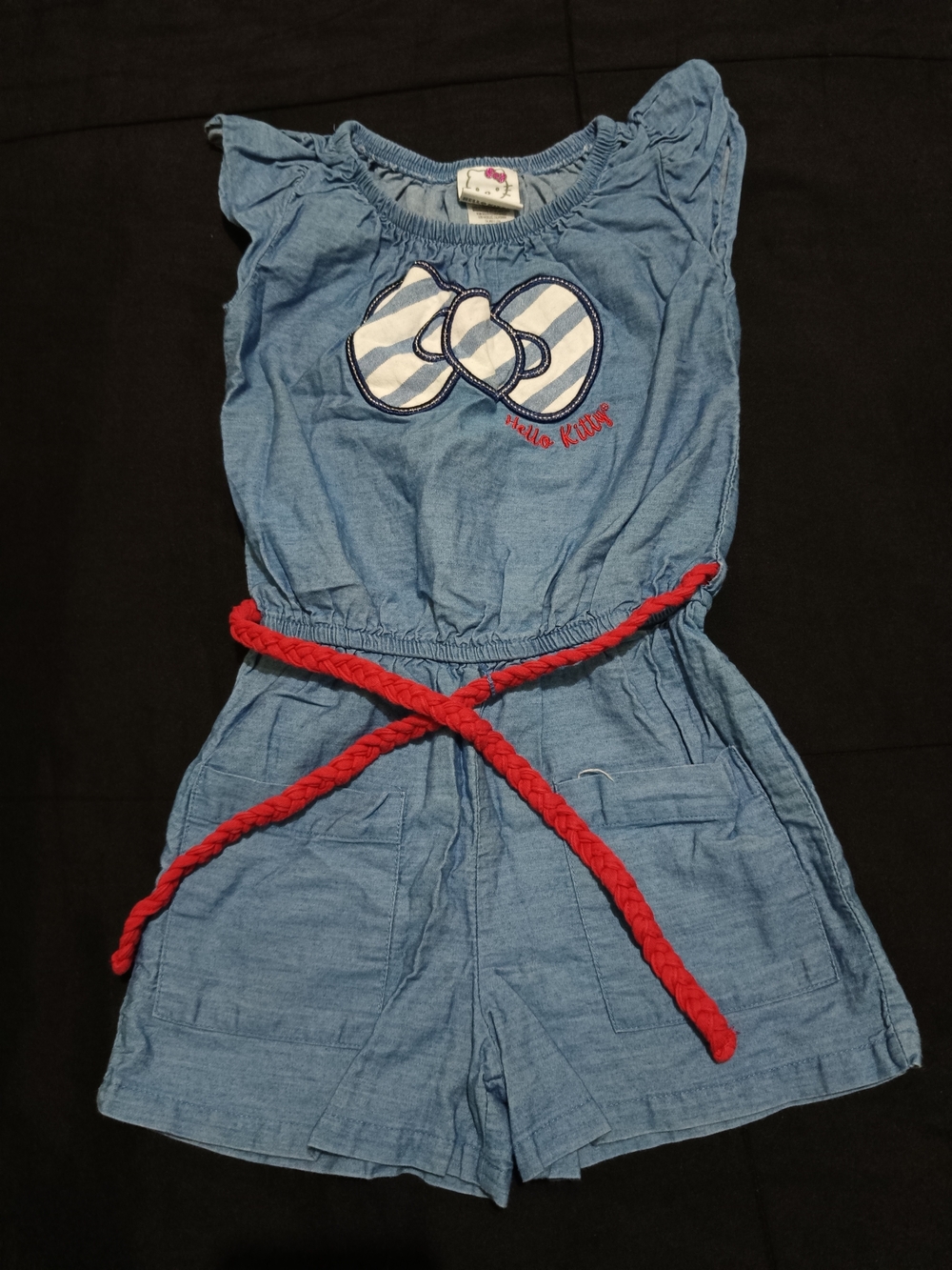 Hello Kitty Light Blue Denim-Style Romper with Red Braided Belt